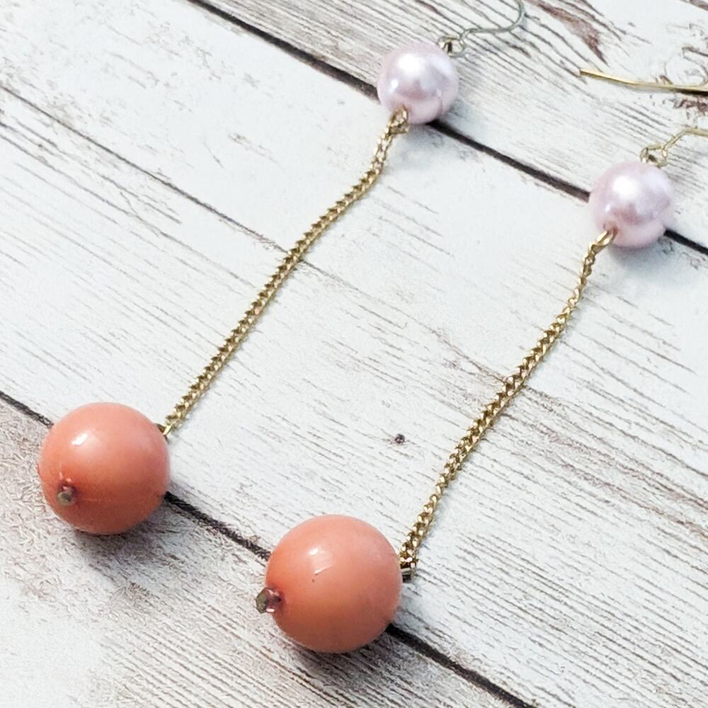 Vintage Earrings For Pierced Ears - Long Pink/Peach Faux Pearl Dangle